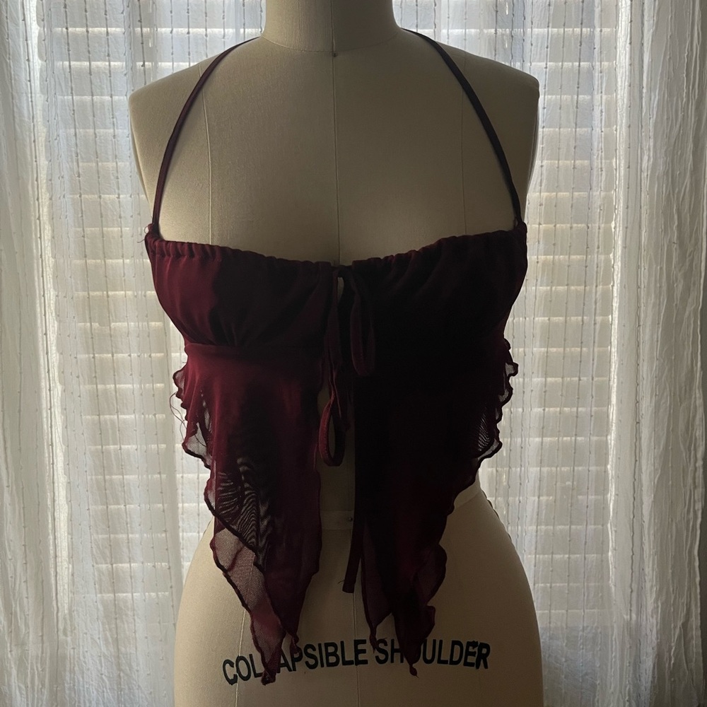 Edikted Burgundy Sheer Tie Back Halter Crop